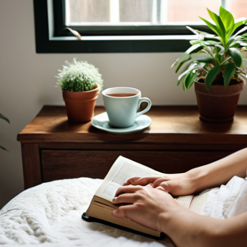 Home 8 **
A serene bedroom with natural light. A person is reading a physical book, a cup of tea on the bedside table. A phone is visible, but it's face down and out of focus. Plants add a calming atmosphere.
**