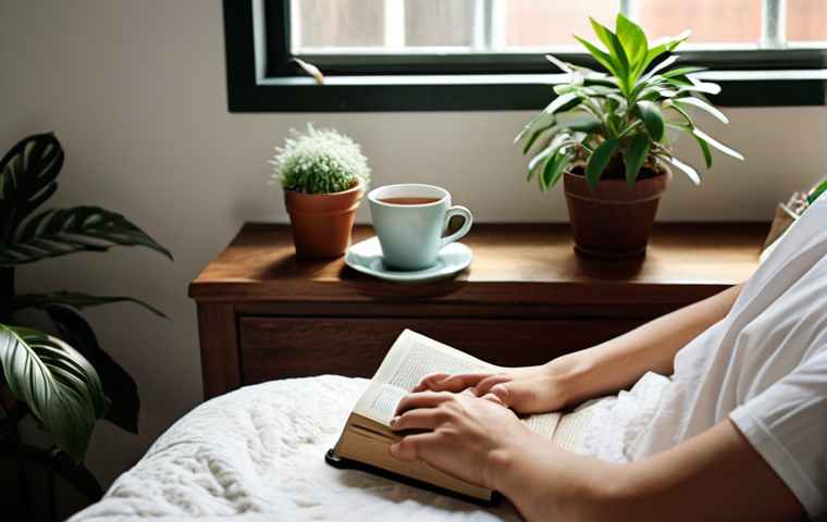 **

A serene bedroom with natural light. A person is reading a physical book, a cup of tea on the bedside table. A phone is visible, but it's face down and out of focus. Plants add a calming atmosphere.

**