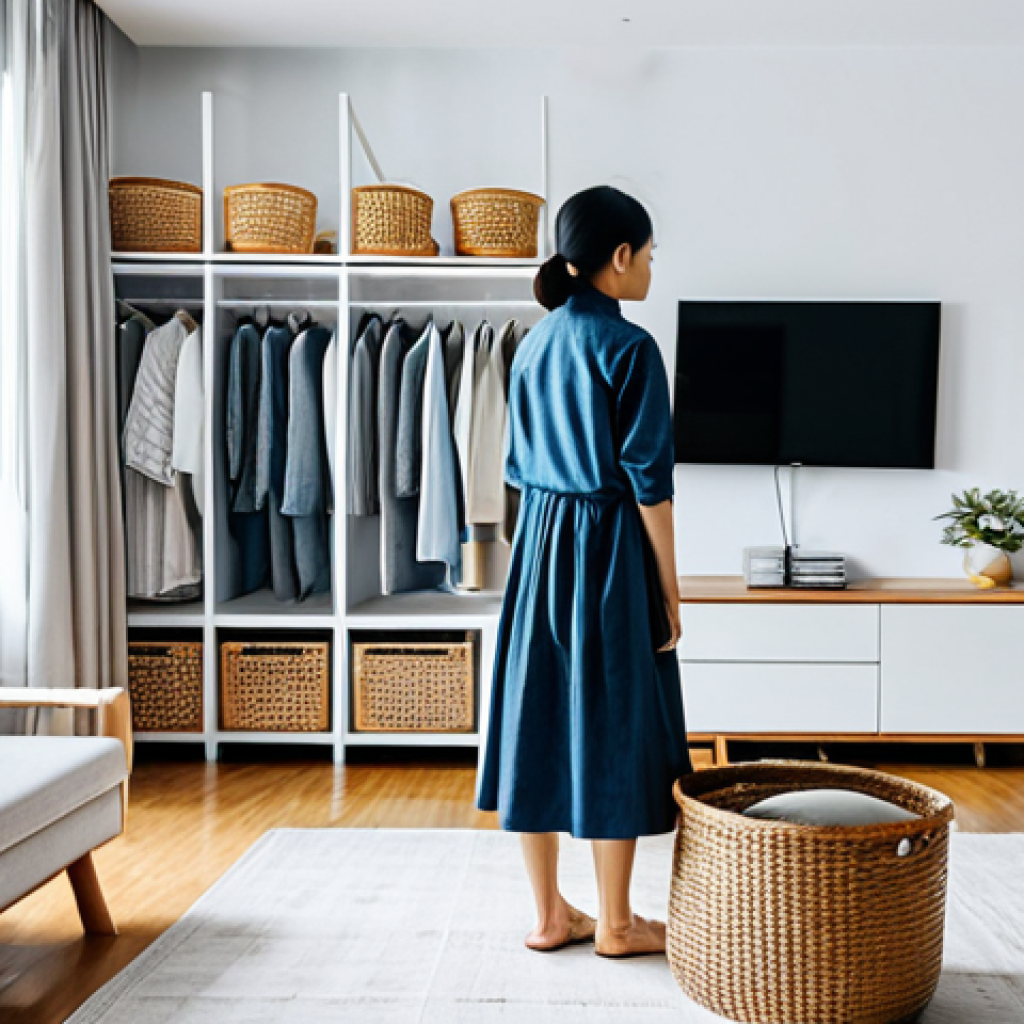 **

"A modern Vietnamese apartment interior, minimalist design, featuring a smart storage solution with woven baskets and space-saving furniture. A fully clothed woman is tidying up, showcasing a clean and organized living space. Safe for work, appropriate content, fully clothed, professional photography, perfect anatomy, natural proportions, family-friendly, bright and airy."

**