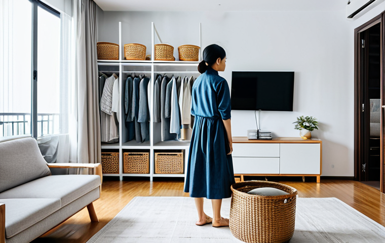 **

"A modern Vietnamese apartment interior, minimalist design, featuring a smart storage solution with woven baskets and space-saving furniture. A fully clothed woman is tidying up, showcasing a clean and organized living space. Safe for work, appropriate content, fully clothed, professional photography, perfect anatomy, natural proportions, family-friendly, bright and airy."

**