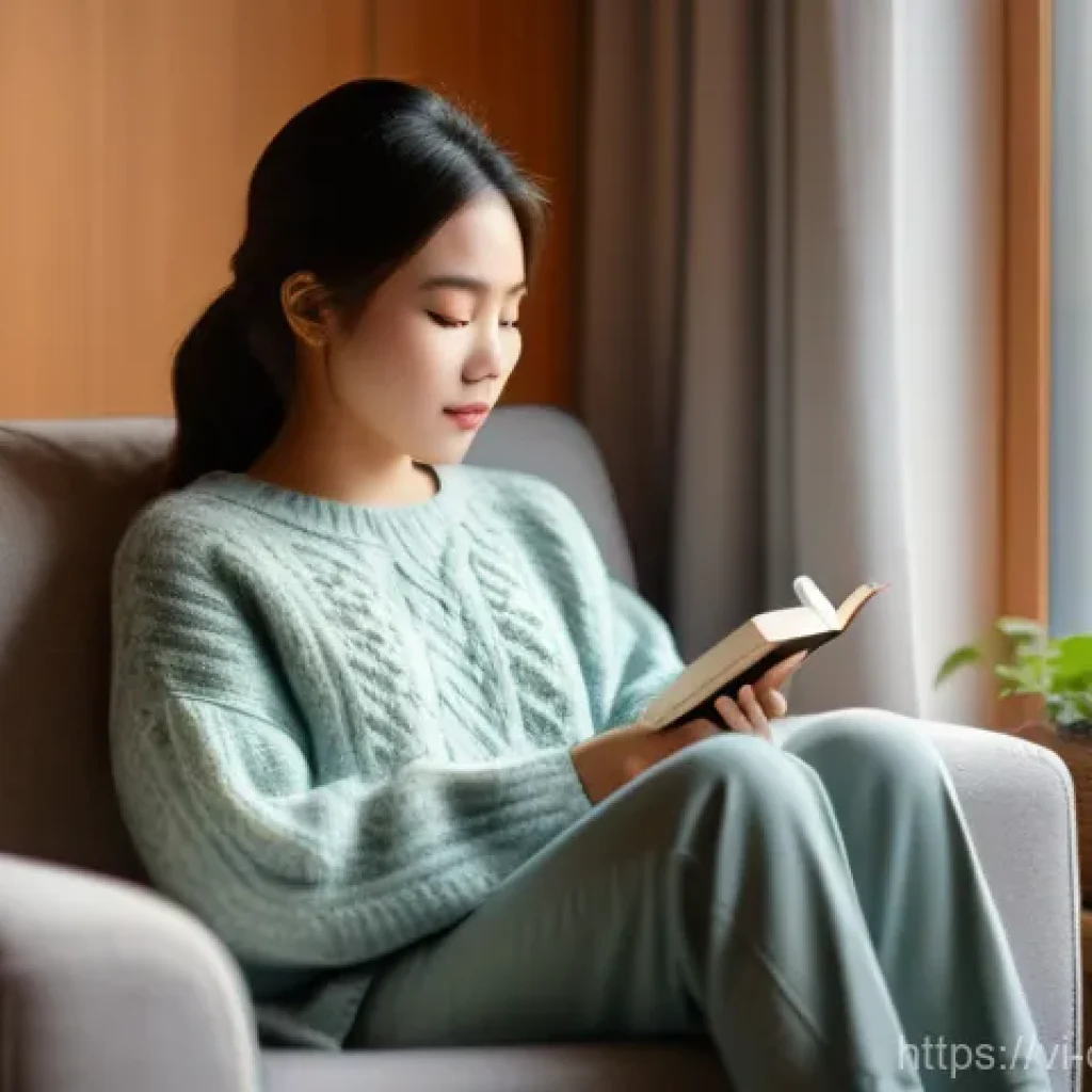 디지털 공간에서의 마음챙김 실천하기 - **Prompt: A young Vietnamese woman, aged around 20-25, is sitting comfortably on a plush armchair by...