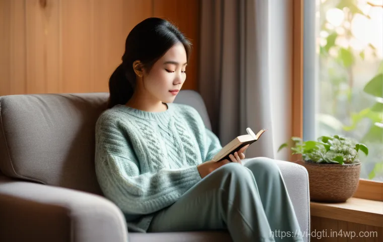디지털 공간에서의 마음챙김 실천하기 - **Prompt: A young Vietnamese woman, aged around 20-25, is sitting comfortably on a plush armchair by...