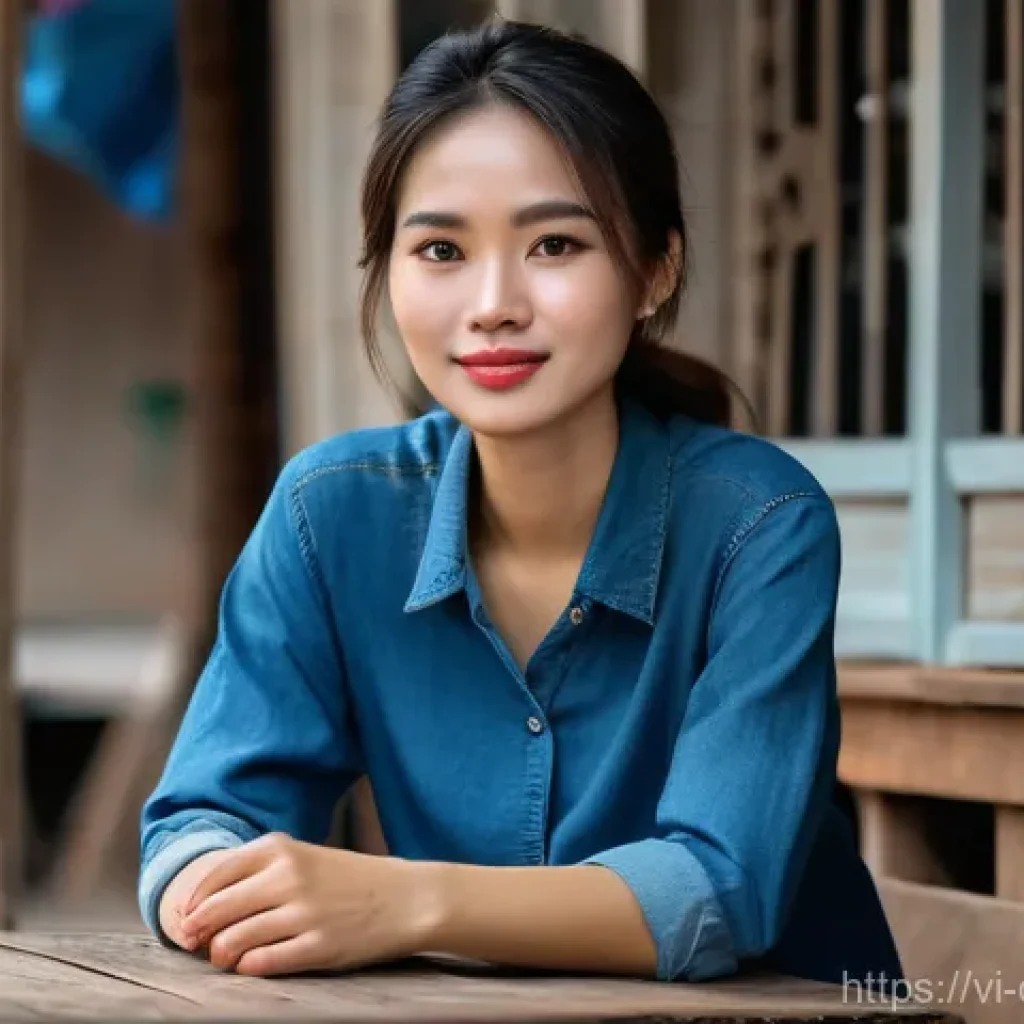디지털 미니멀리즘을 위한 추천 서적 - A serene young Vietnamese woman, dressed in a simple, casual blouse and jeans, sits at a weathered w...