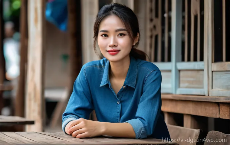 디지털 미니멀리즘을 위한 추천 서적 - A serene young Vietnamese woman, dressed in a simple, casual blouse and jeans, sits at a weathered w...