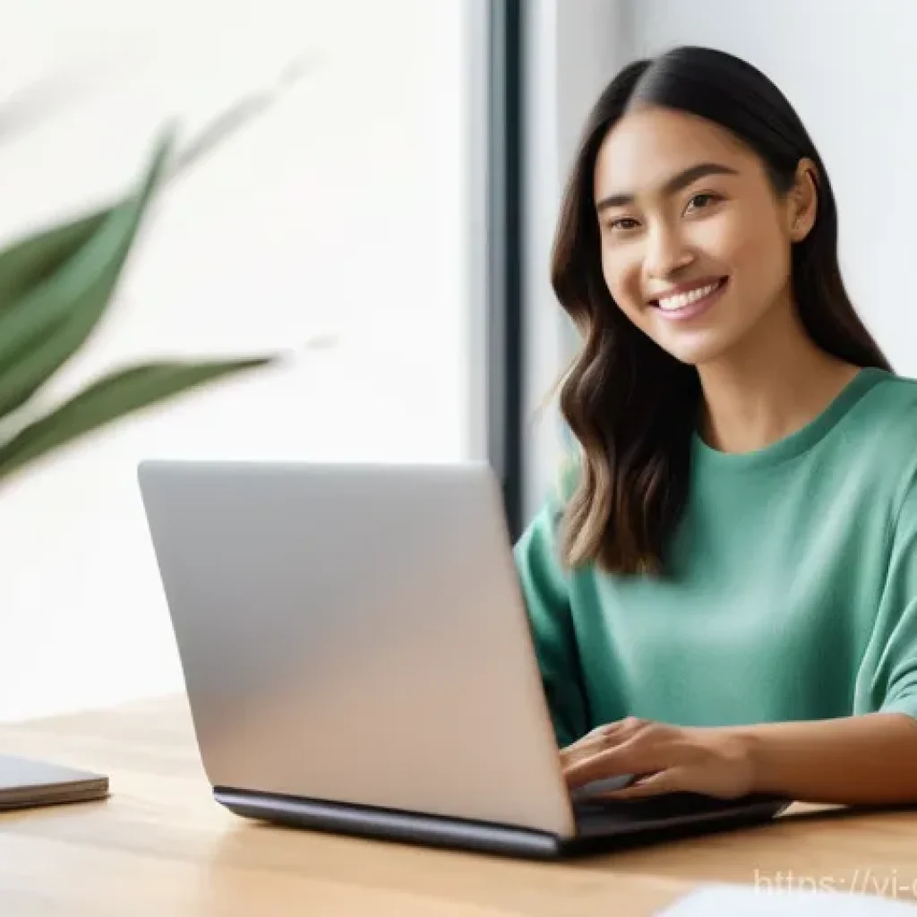 디지털 미니멀리즘을 위한 정리 도구 리스트 - **Prompt:** A clean and serene home office setting. A young woman in her late 20s, wearing comfortab...