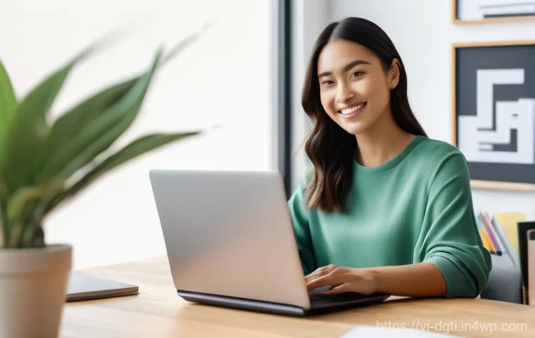 디지털 미니멀리즘을 위한 정리 도구 리스트 - **Prompt:** A clean and serene home office setting. A young woman in her late 20s, wearing comfortab...