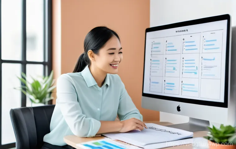 효율적인 프로젝트 관리와 디지털 미니멀리즘 - Smart Work Organization & Productivity:**
A bright and modern photographic image of an Asian profess...