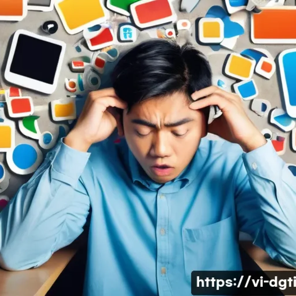 디지털 라이프에서의 불필요한 앱 제거하기 - **Prompt 1: The Digital Clutter Burden**
    A young Vietnamese person, appearing slightly overwhelm...
