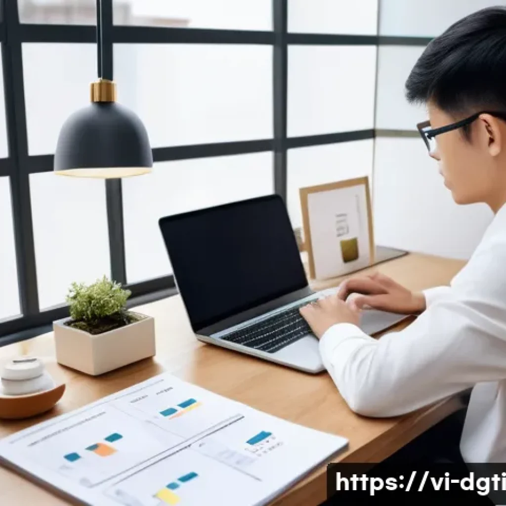 미니멀한 디지털 라이프를 위한 다양한 도구 - A modern Vietnamese home office scene with a young professional organizing emails on a sleek laptop ...
