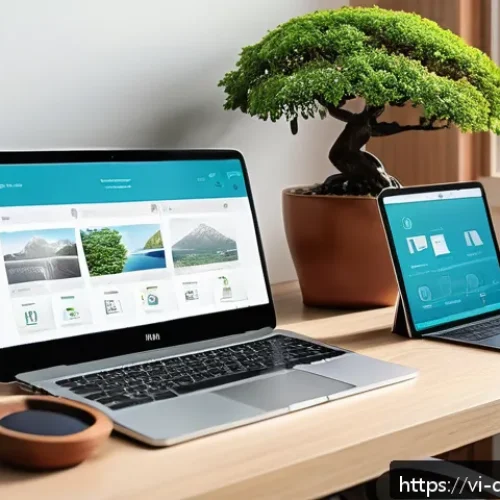 Home 31 온라인 저장 공간의 미니멀리즘 - A modern Vietnamese home office setup showcasing a young professional organizing digital files on mu...