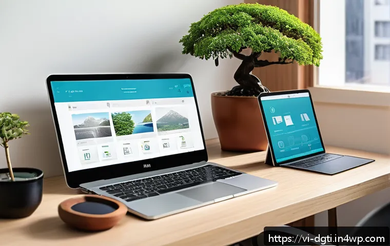 온라인 저장 공간의 미니멀리즘 - A modern Vietnamese home office setup showcasing a young professional organizing digital files on mu...