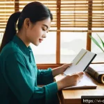 Home 23 미니멀 디지털 라이프를 위한 예산 관리 - A modern Vietnamese woman sitting at a wooden desk in a cozy home office, using a sleek smartphone a...