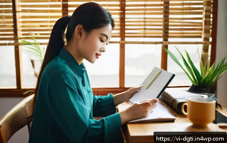 미니멀 디지털 라이프를 위한 예산 관리 - A modern Vietnamese woman sitting at a wooden desk in a cozy home office, using a sleek smartphone a...