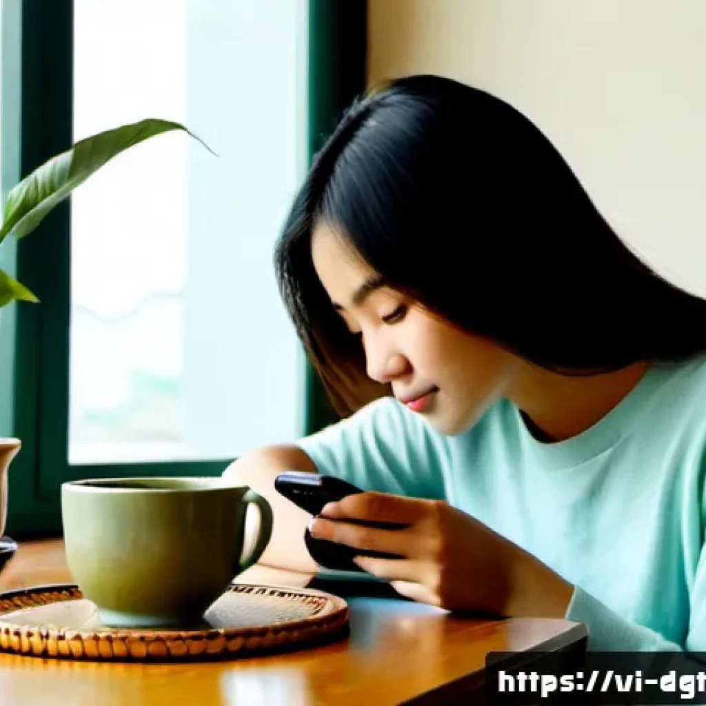 모바일 기기에서의 미니멀리즘 실천 - Photorealistic morning scene in a compact Hanoi apartment, a young Vietnamese woman seated beside a ...