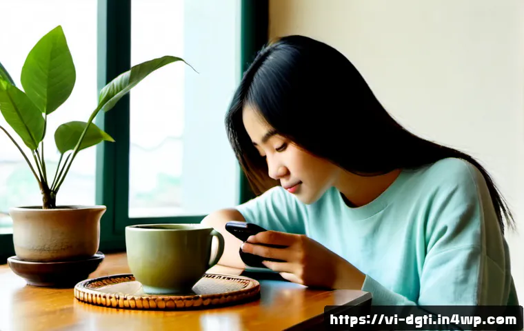 모바일 기기에서의 미니멀리즘 실천 - Photorealistic morning scene in a compact Hanoi apartment, a young Vietnamese woman seated beside a ...